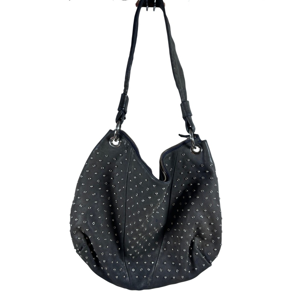 Montini Studded Leather Hobo Bag Large Blue Silver Studs Tassel Womens